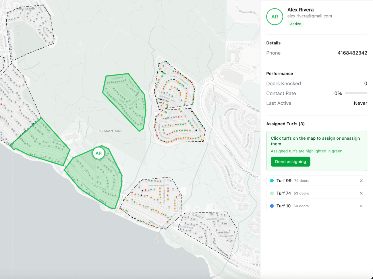 Assigning turfs to a canvasser from their profile panel